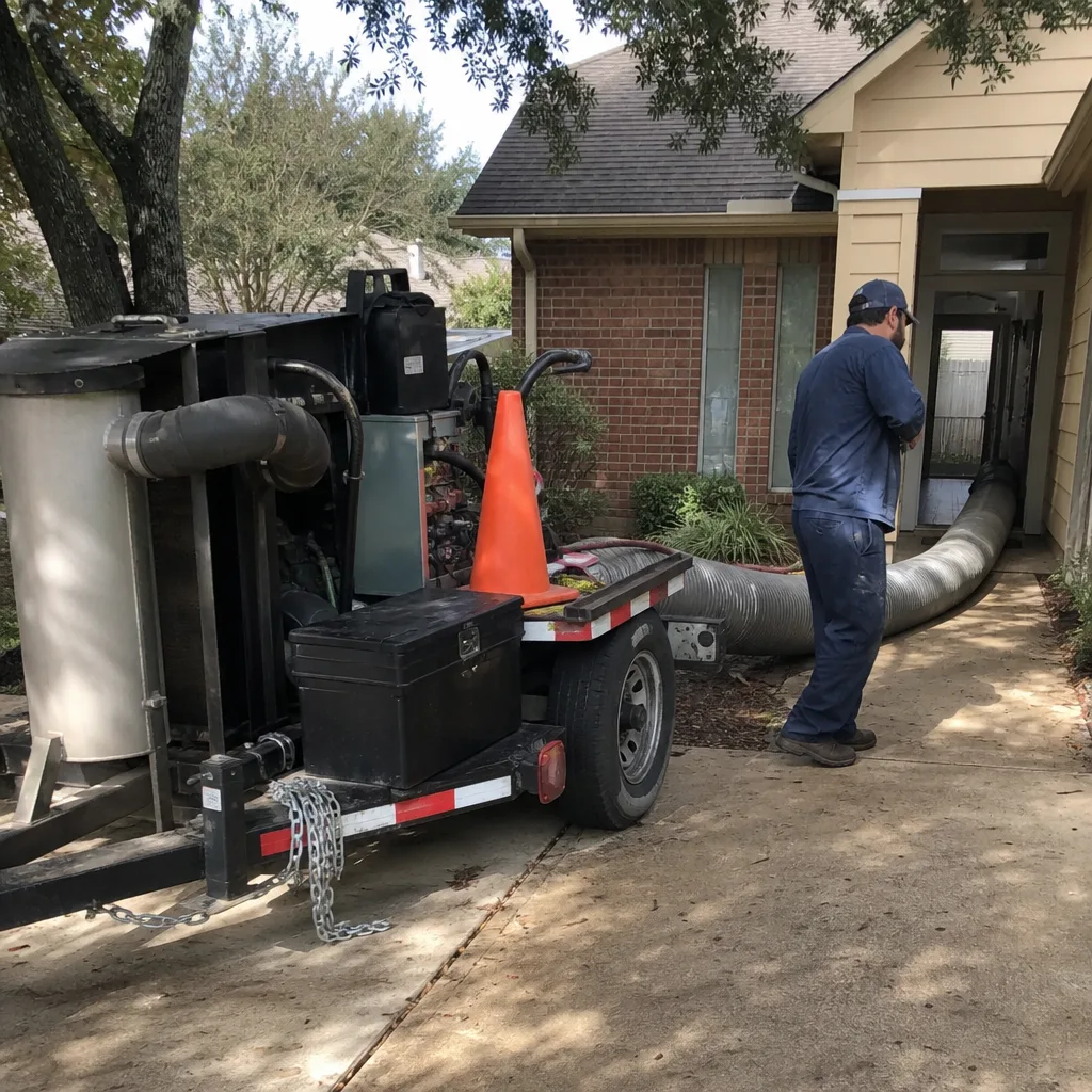 Professional air duct cleaning technician using heavy machinery at a home