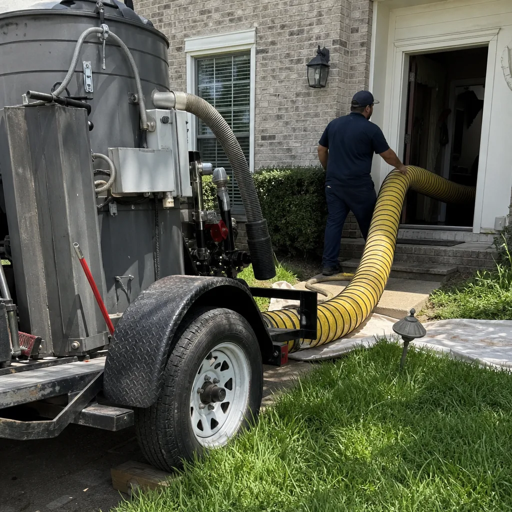 Professional air duct cleaning technician operating vacuum system for home maintenance