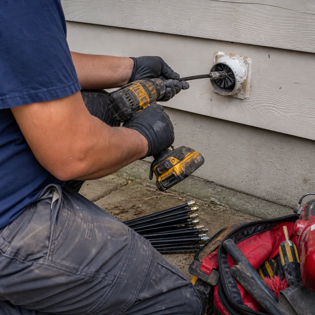 Technician using a rotary brush tool for professional dryer vent cleaning