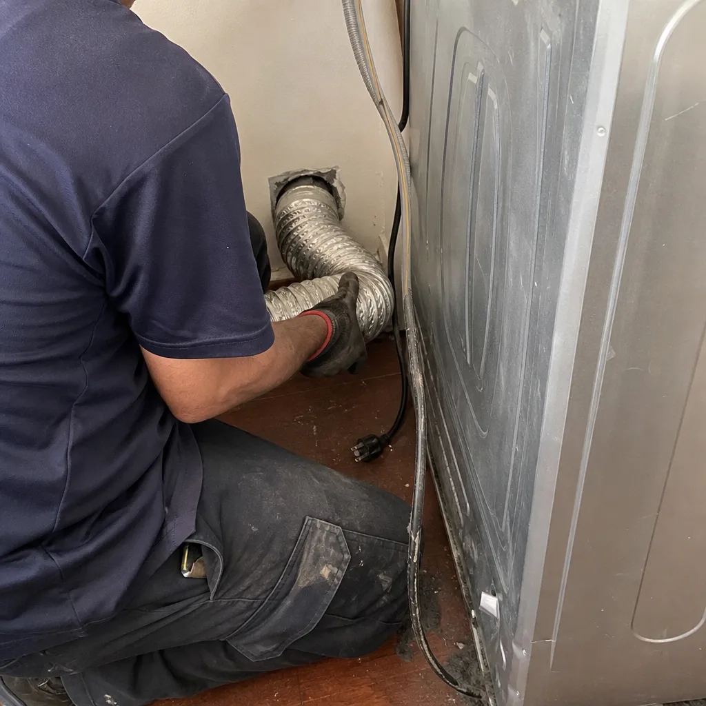 Technician installing flexible metal dryer vent hose for maintenance